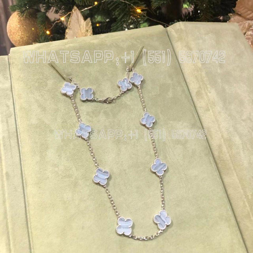 Custom Jewelry Van Cleef & Arpels Vintage Alhambra necklace, 10 motifs 18K white gold, Chalcedony VCARD34800