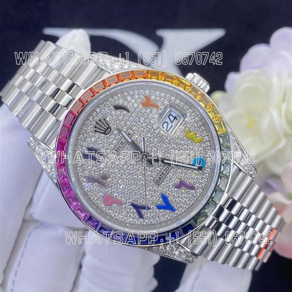 Custom Watches Rolex Datejust 41mm Oystersteel Jubilee Covert Dial Custom Diamond Set Rainbow Bezel