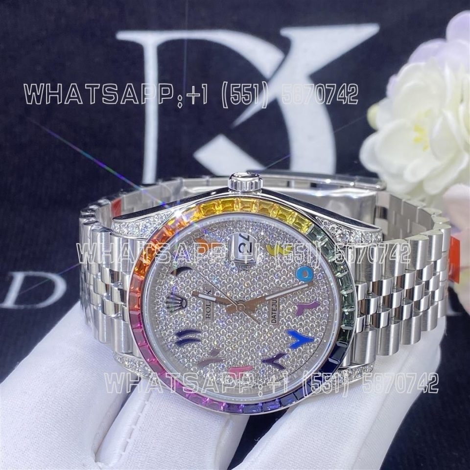 Custom Watches Rolex Datejust 41mm Oystersteel Jubilee Covert Dial Custom Diamond Set Rainbow Bezel