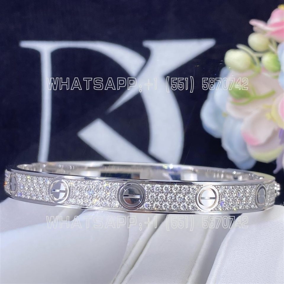 Custom Jewelry Cartier Love Bracelet in 18K White Gold and Pave Diamonds N6717617 - Width 6.7 mm