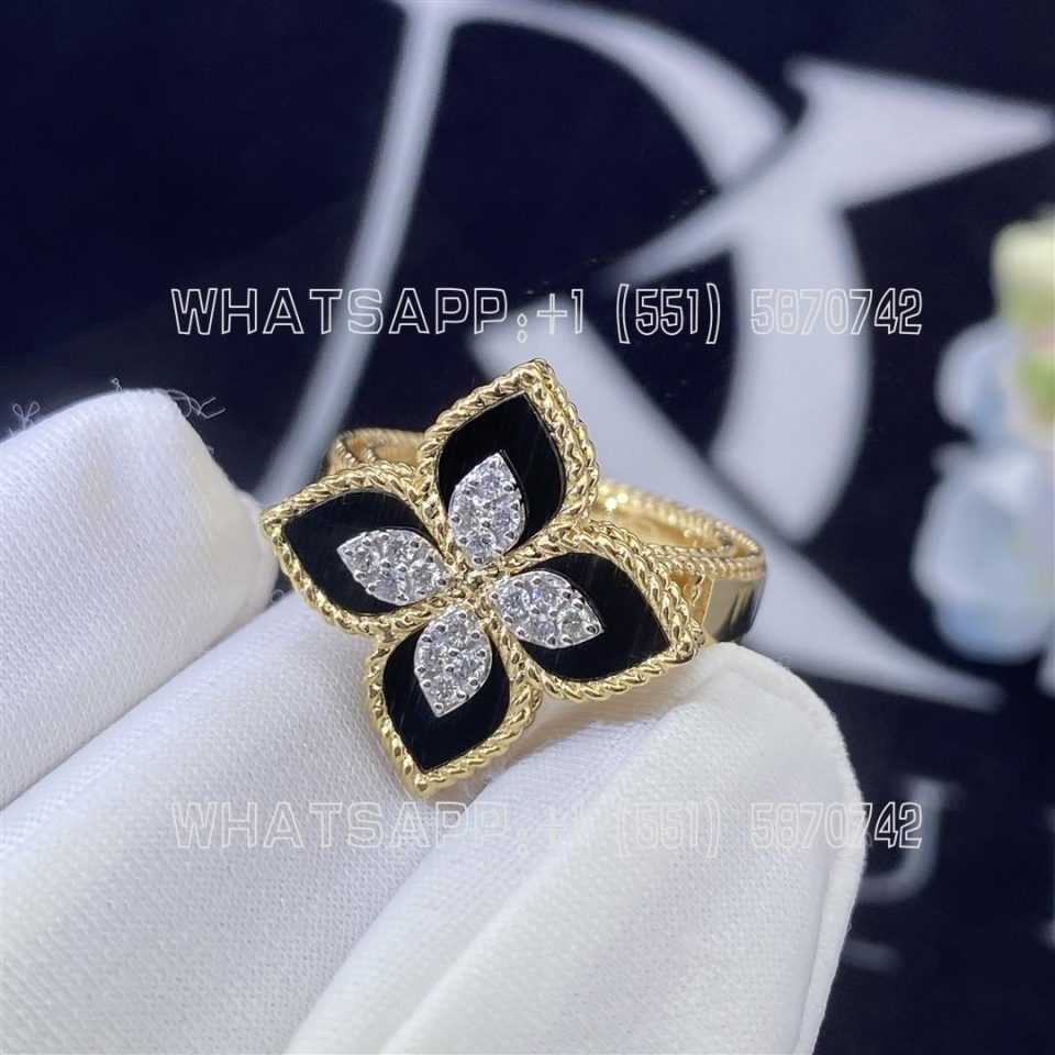 Custom Jewelry Roberto Coin Princess Flower Ring with Black Jade and Diamonds ADV888RI1837-YG Small version