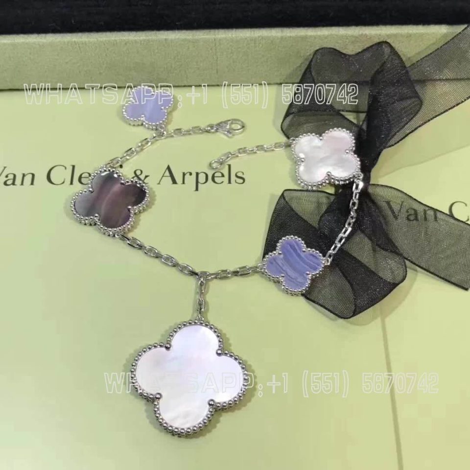Custom Jewelry Van Cleef & Arpels Magic Alhambra Bracelet 5 Motifs 18K white gold, Chalcedony and Mother-of-pearl VCARL62400