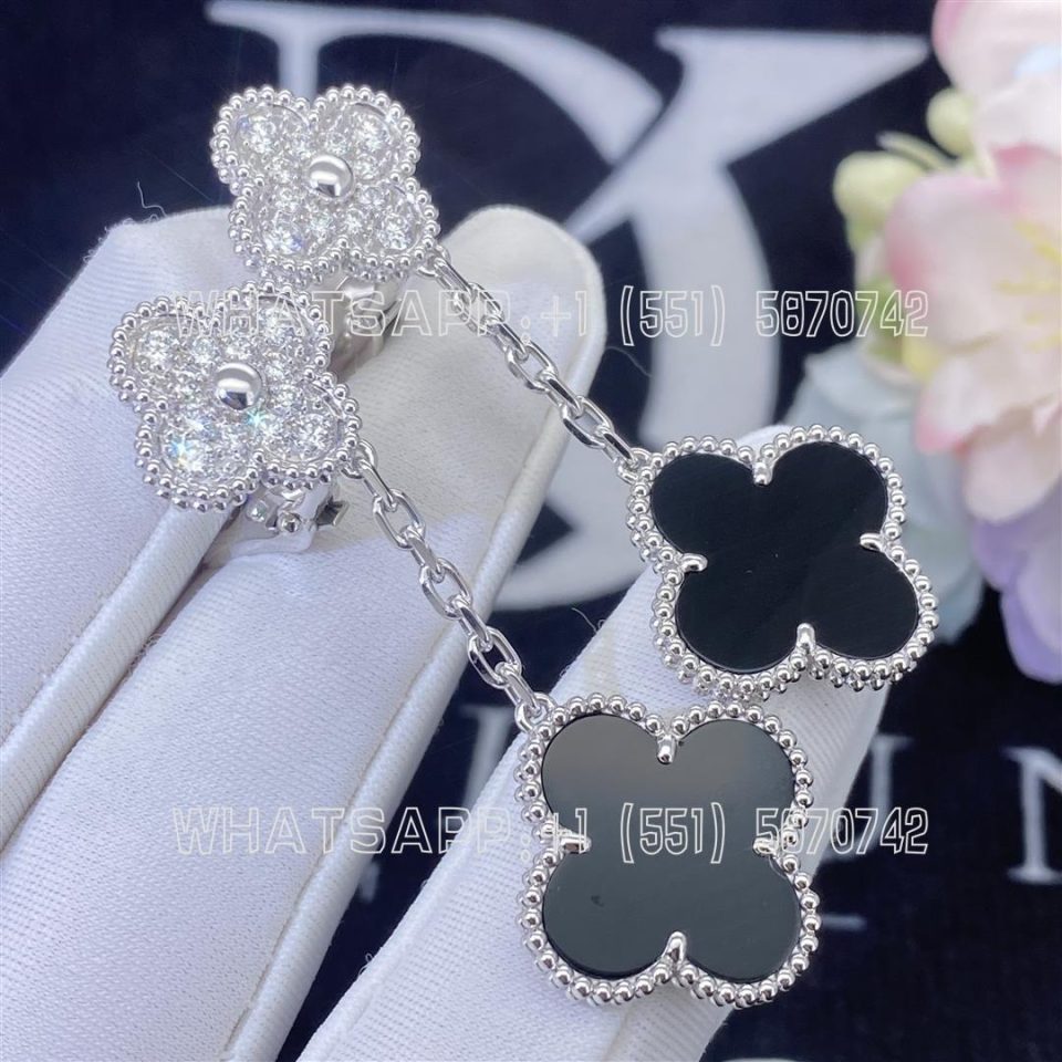 Custom Jewelry Van Cleef & Arpels Magic Alhambra earrings, 2 motifs 18K white gold, Diamond, Onyx VCARP2RA00