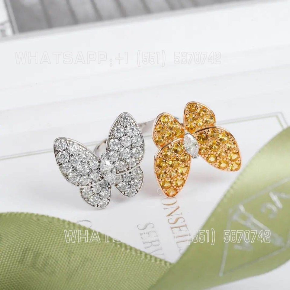 Custom Jewelry Van Cleef & Arpels Two Butterfly 18k Gold Diamond round yellow sapphires Between Finger Ring VCARA13600