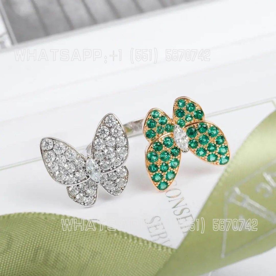 Custom Jewelry Van Cleef & Arpels Two Butterfly 18k Gold Diamond Tsavorite Between Finger Ring VCARO6W500