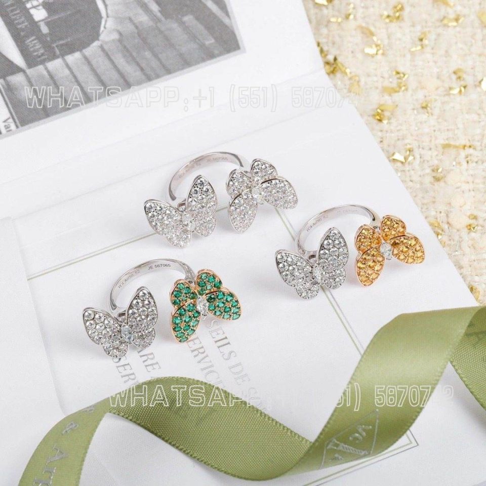 Custom Jewelry Van Cleef & Arpels Two Butterfly 18k Gold Diamond Tsavorite Between Finger Ring VCARO6W500