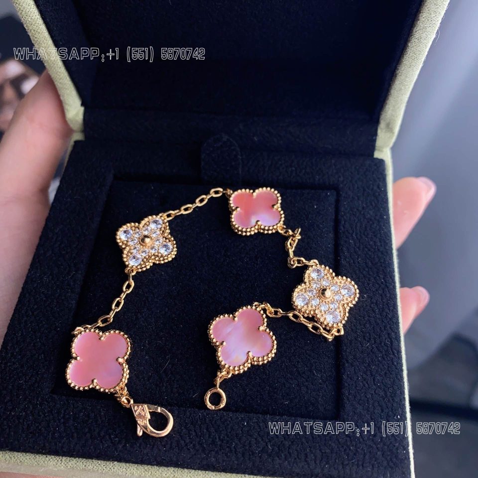Custom Jewelry Van Cleef & Arpels Vintage Alhambra bracelet, 5 motifs Rose Gold，Pink mother-of-pearl and Diamond