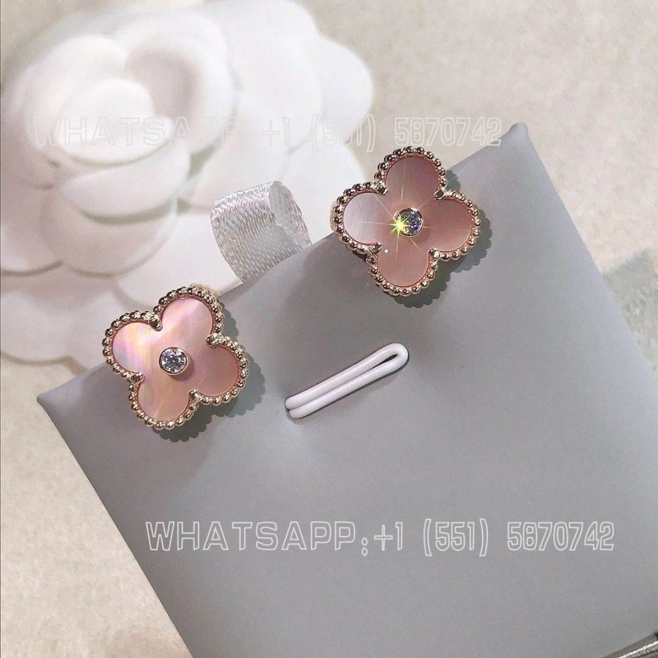 Custom Jewelry Van Cleef & Arpels Vintage Alhambra Earrings 18K Rose Gold and Pink mother-of-pearl