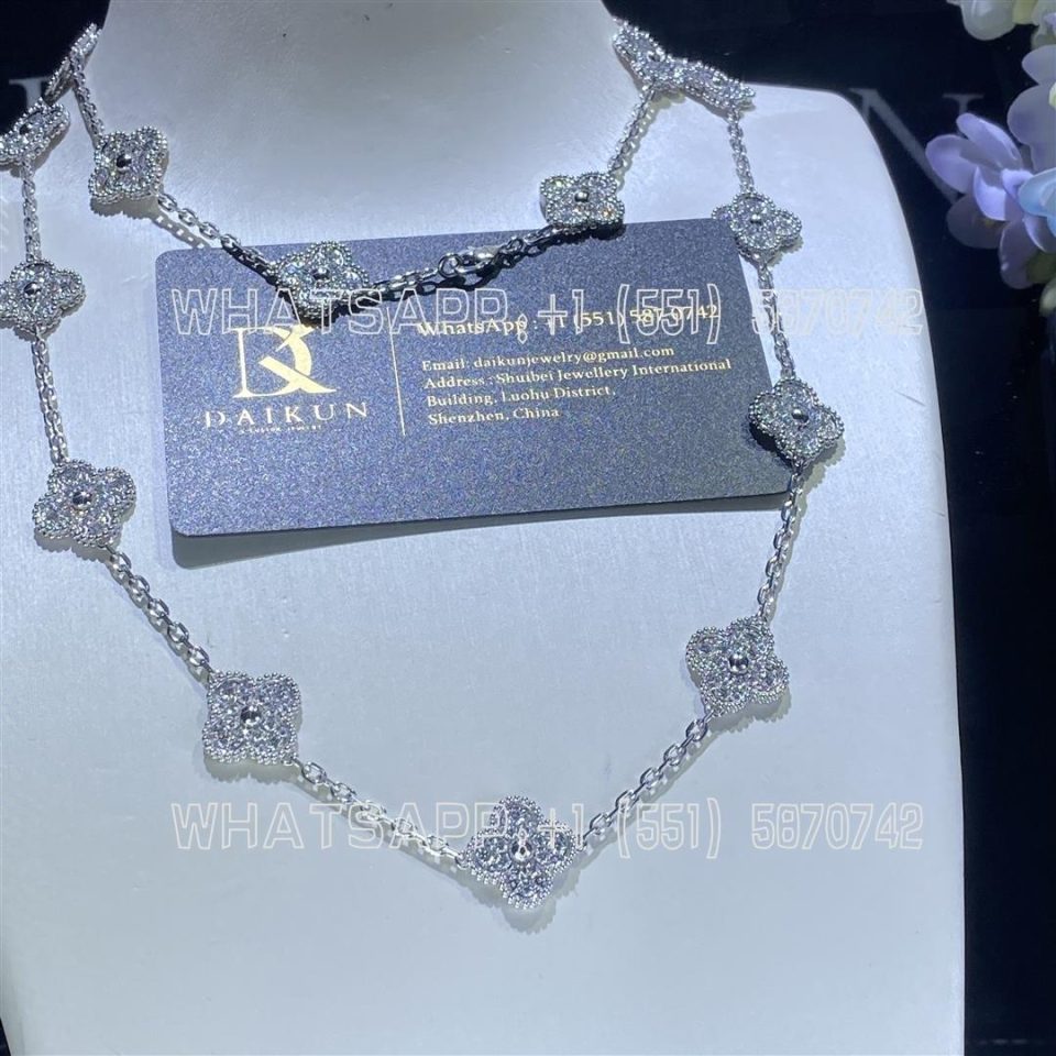 Custom Jewelry Van Cleef & Arpels Vintage Alhambra long necklace, 20 motifs 18K white gold, Diamond VCARA43300
