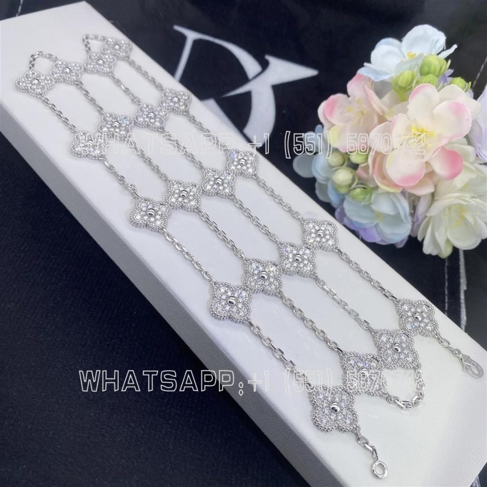 Custom Jewelry Van Cleef & Arpels Vintage Alhambra long necklace, 20 motifs 18K white gold, Diamond VCARA43300
