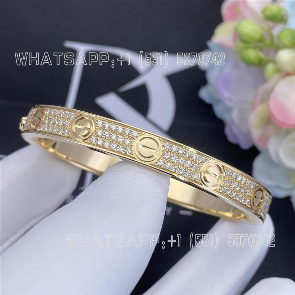 Custom Jewelry Cartier Love Bracelet in 18K Yellow Gold and Pave Diamonds N6035017 - Width 6.7 mm