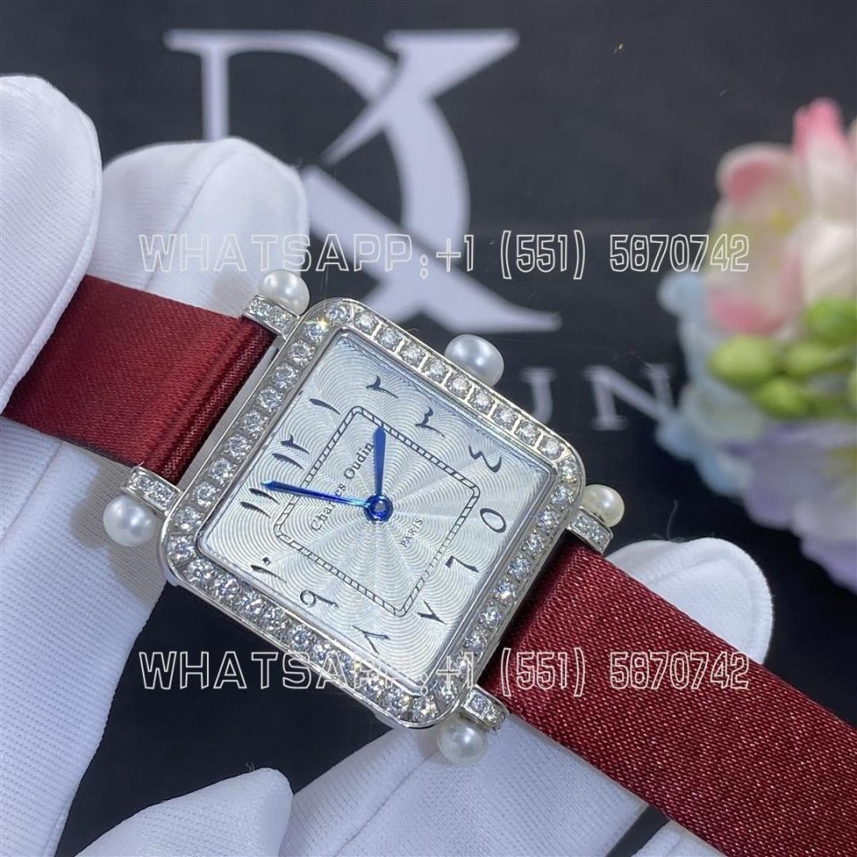 Custom Watches Charles Oudin Pansy Retro Maroon Straps with Pearls Watch Medium Arabic Style - 24mm