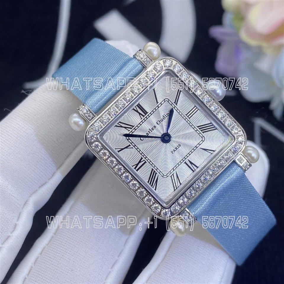 Custom Watches Charles Oudin Pansy Retro Medium 18-Karat White Gold, Satin, Pearl and Diamond Watch - 24mm