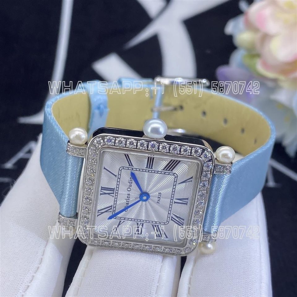 Custom Watches Charles Oudin Pansy Retro Medium 18-Karat White Gold, Satin, Pearl and Diamond Watch - 24mm