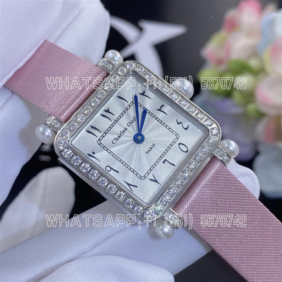 Custom Watches Charles Oudin Pansy Retro Pink Straps with Pearls Watch Medium Arabic Style - 24mm