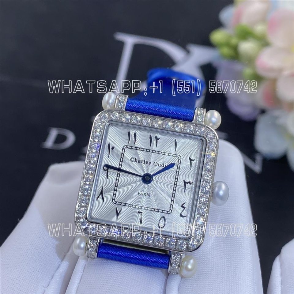 Custom Watches Charles Oudin Pansy Retro Royal Blue Straps with Pearls Watch Medium Arabic Style - 24mm