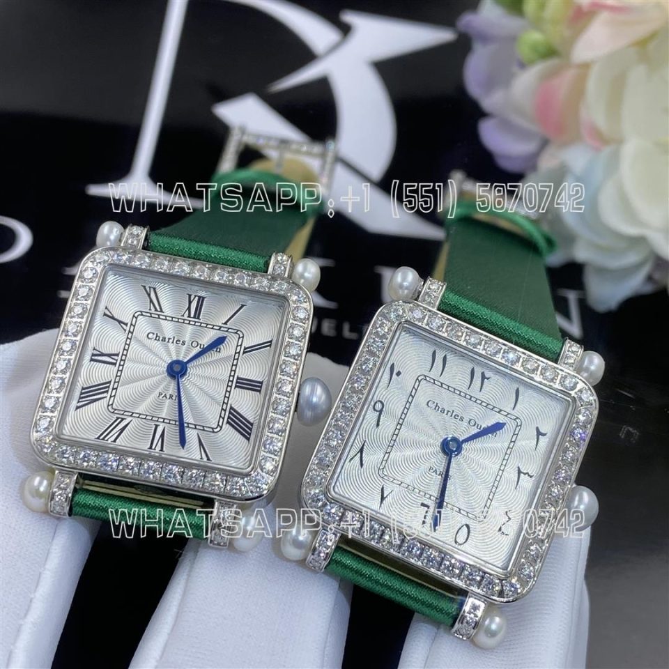 Custom Watches Charles Oudin Pansy Retro with Pearls Watch Medium Arabic Style Green Straps - 24mm