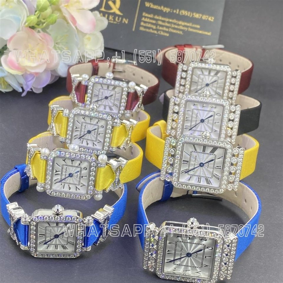 Charles Oudin Pansy Retro 24mm Black Satin Silk strap and Diamond Watch Arabic Style