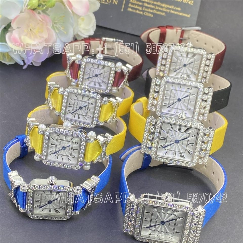 Charles Oudin Pansy Retro 24mm Blue Satin Silk strap and Diamond Watch Arabic Style