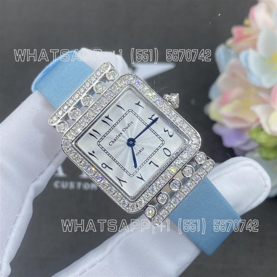Charles Oudin Pansy Retro 24mm Light-Blue Satin Silk strap and Diamond Watch Arabic Style