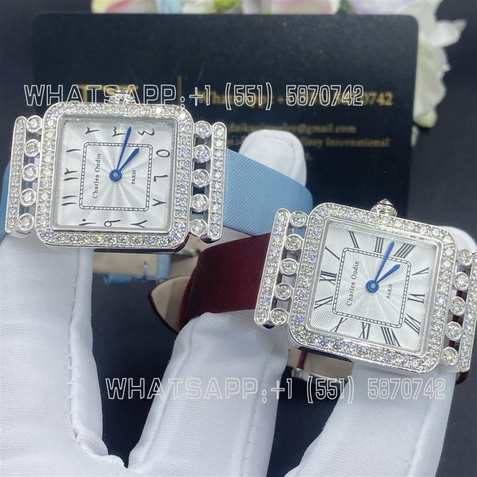 Charles Oudin Pansy Retro 24mm Light-Blue Satin Silk strap and Diamond Watch Arabic Style