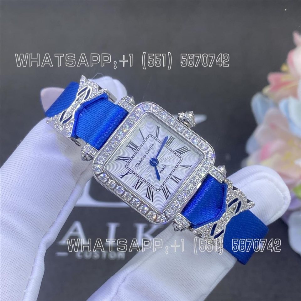 Custom Watches Charles Oudin Pansy Retro 20mm Blue Silk Straps Diamond Watch with Elements Roman Style