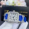 Charles Oudin Pansy Retro 20mm Blue Silk Straps Diamond Watch with Elements Roman Style