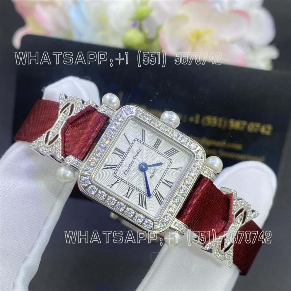 Custom Watches Charles Oudin Pansy Retro 20mm Maroon Silk Diamond Watch With Pearls Elements Roman Style