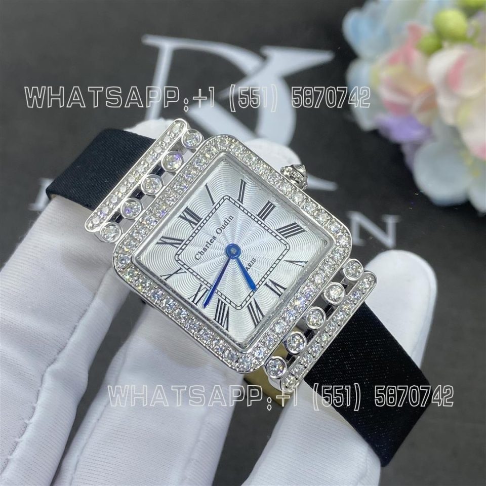 Custom Watches Charles Oudin Pansy Retro 24mm Black Satin Silk strap and Diamond Watch Roman Style