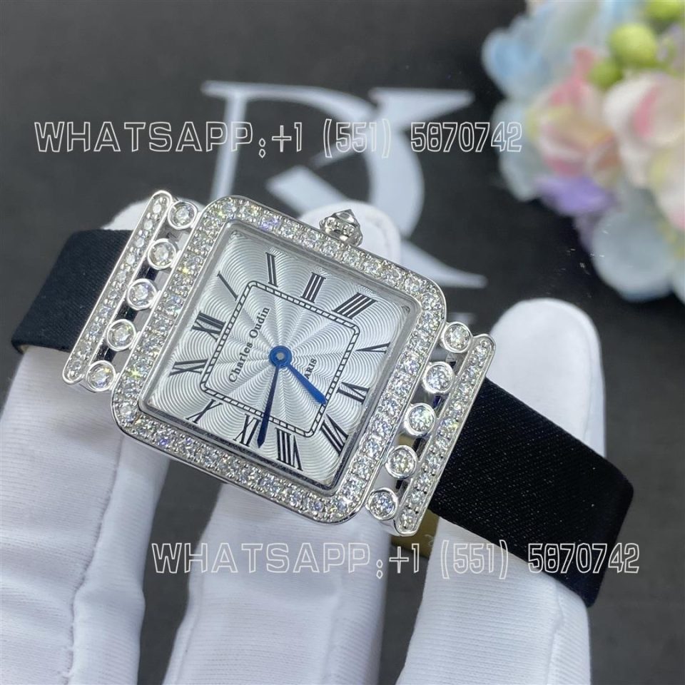 Custom Watches Charles Oudin Pansy Retro 24mm Black Satin Silk strap and Diamond Watch Roman Style
