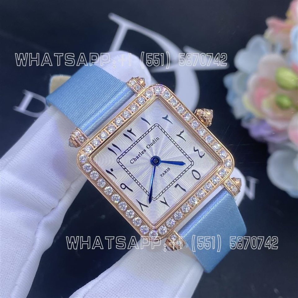 Custom Watches Charles Oudin Pansy Retro Medium light-blue satin strap Rose Watch Arabic Style - 24mm