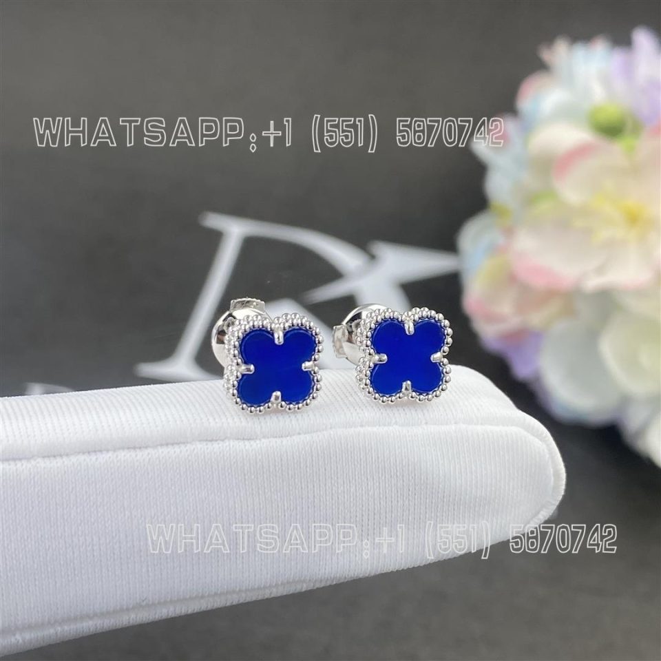 Custom Jewelry Van Cleef & Arpels Sweet Alhambra Earrings Blue Agate 18k White Gold