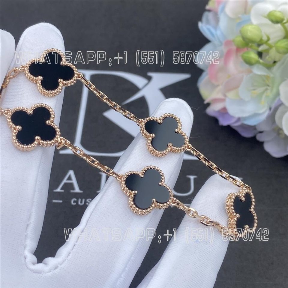 Custom Jewelry Van Cleef & Arpels Vintage Alhambra Bracelet 5 Motifs Rose Gold And Onyx
