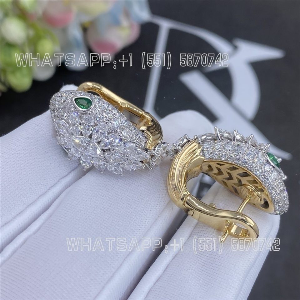 Custom Jewelry Bulgari Serpenti Platinum and 18K Yellow Gold Diamond Earrings with Emerald Eyes