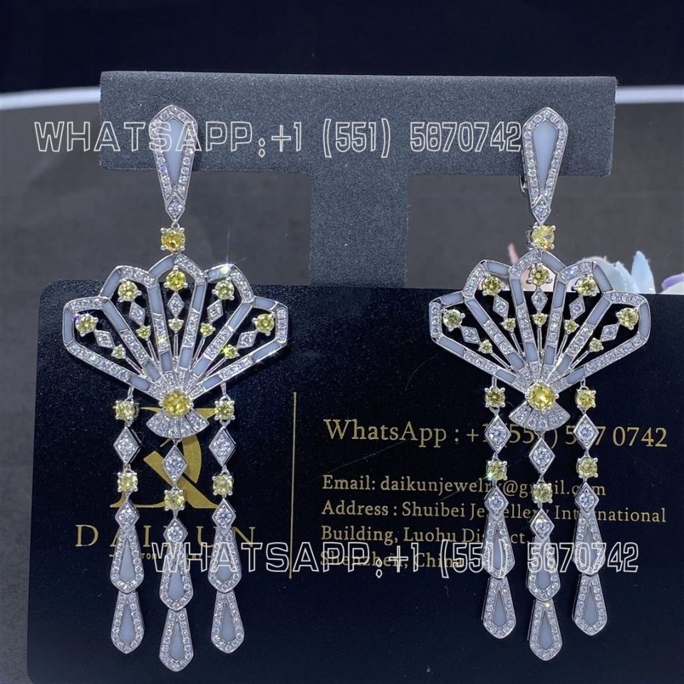 Custom Jewelry Garrard Fanfare Symphony Diamond and Yellow Sapphire Earrings In 18ct White Gold with White Agate