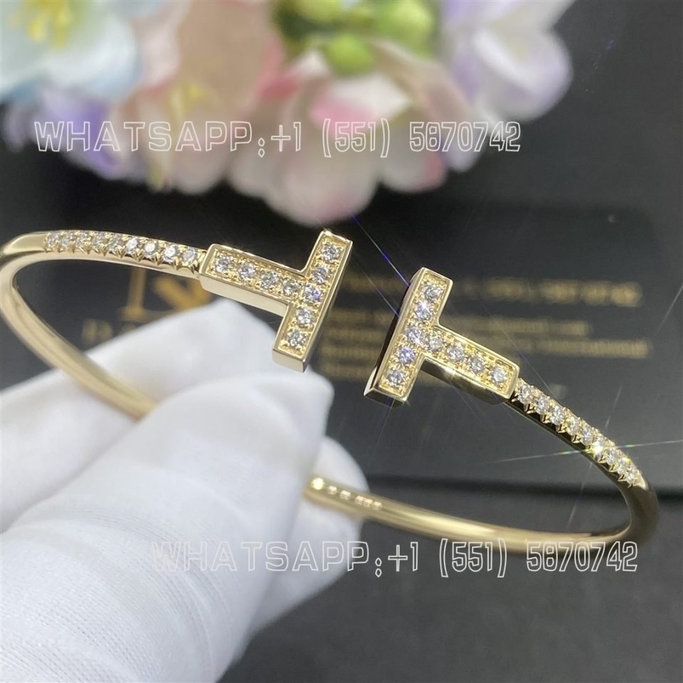 Custom Jewelry Tiffany T Pavé Diamond Wire Bangle in Yellow Gold 73588235