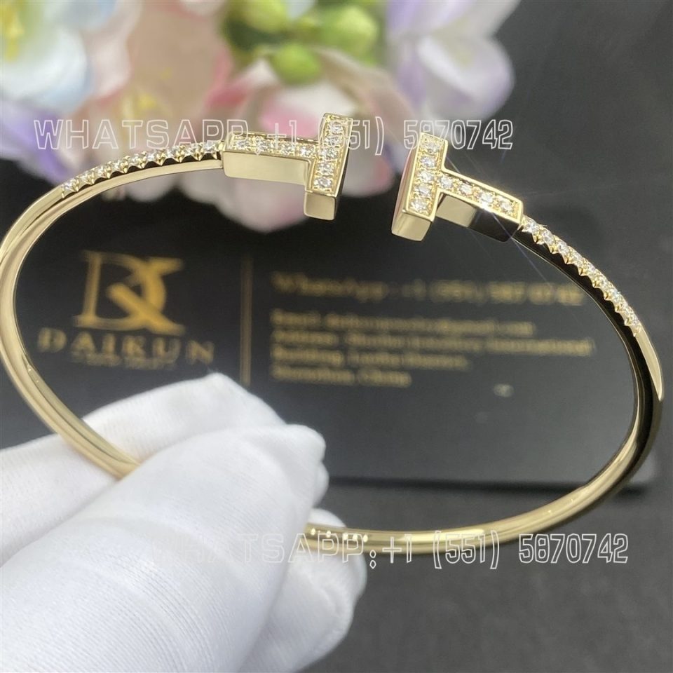 Custom Jewelry Tiffany T Pavé Diamond Wire Bangle in Yellow Gold 73588235